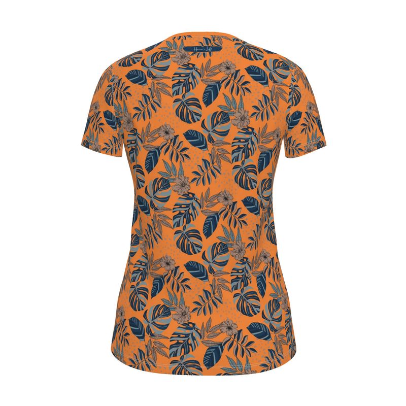 Women's Athletic Crew Neck T-Shirt - Midnight Monstera - Cadmium Orange