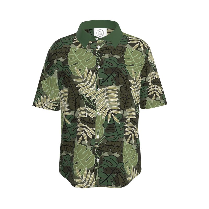 Men's Button-Up T-Shirt - Camo Leaves - Light Green