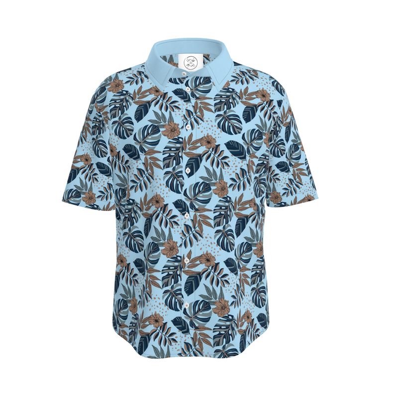 Men's Button-Up T-Shirt - Midnight Monstera - Sky Blue