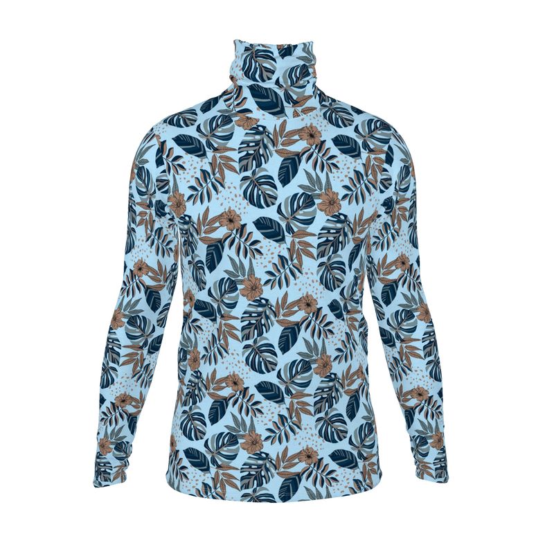 Men's High-Roll Turtleneck - Midnight Monstera - Sky Blue