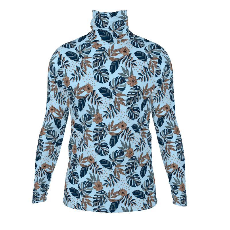 Men's High-Roll Turtleneck - Midnight Monstera - Sky Blue