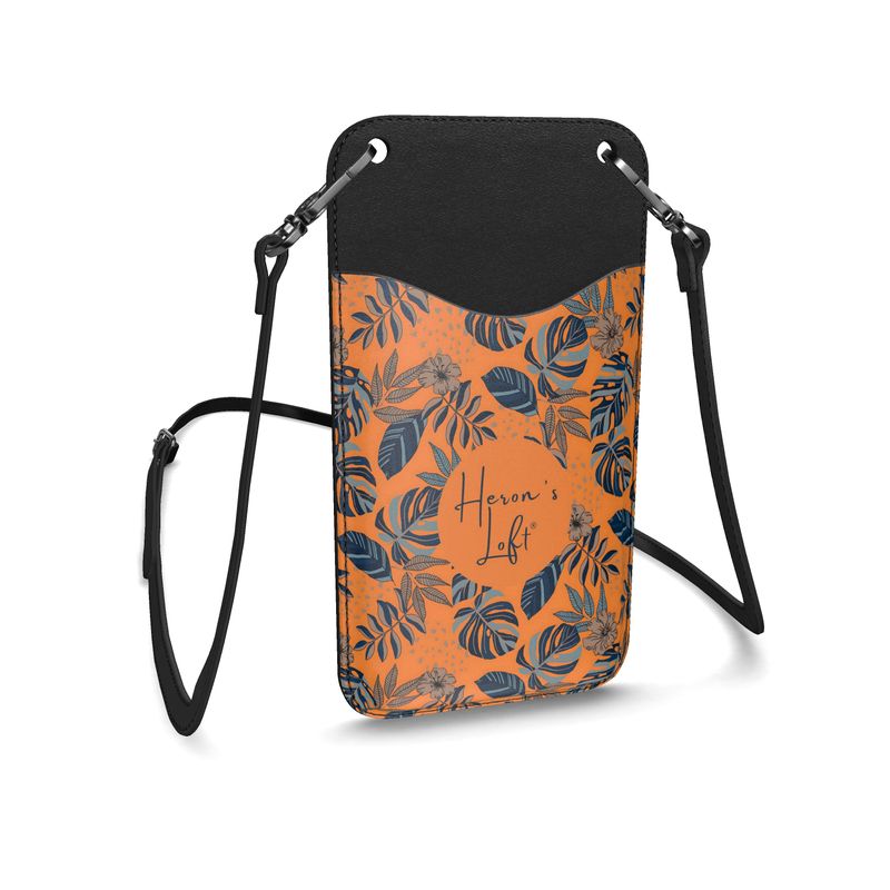 Phone Holder - Nappa Leather - Midnight Monstera - Cadmium Orange