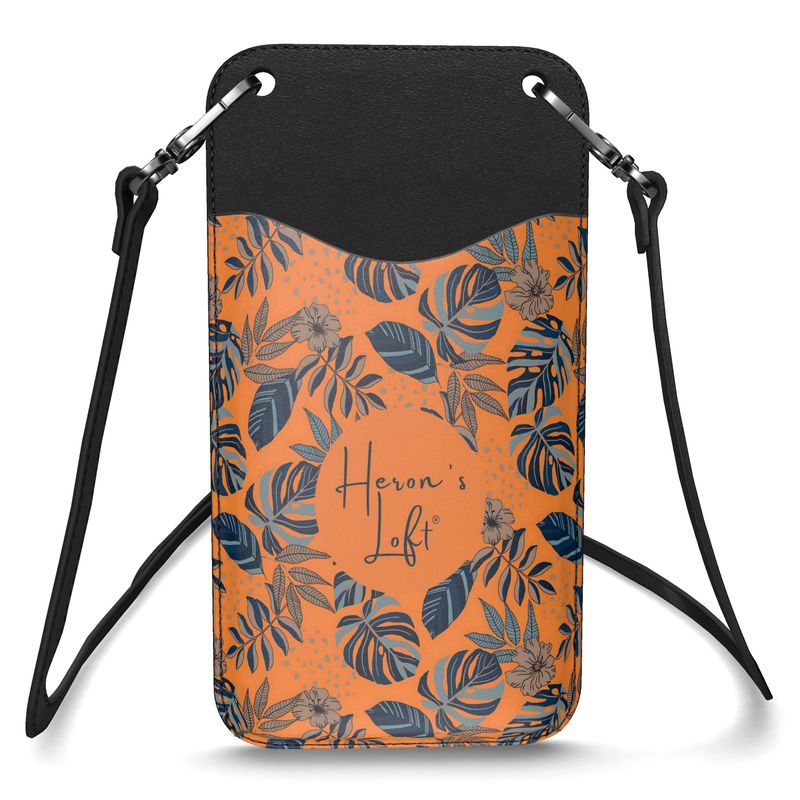 Phone Holder - Nappa Leather - Midnight Monstera - Cadmium Orange