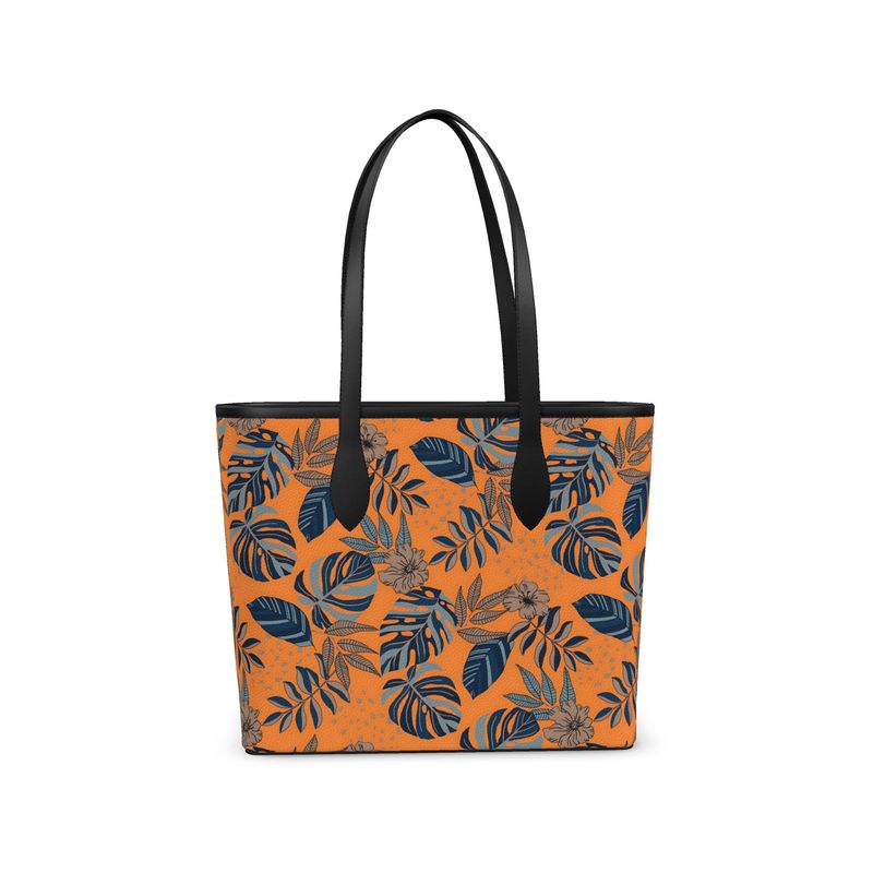 City Tote Bag - Nappa Leather - Midnight Monstera - Cadmium Orange