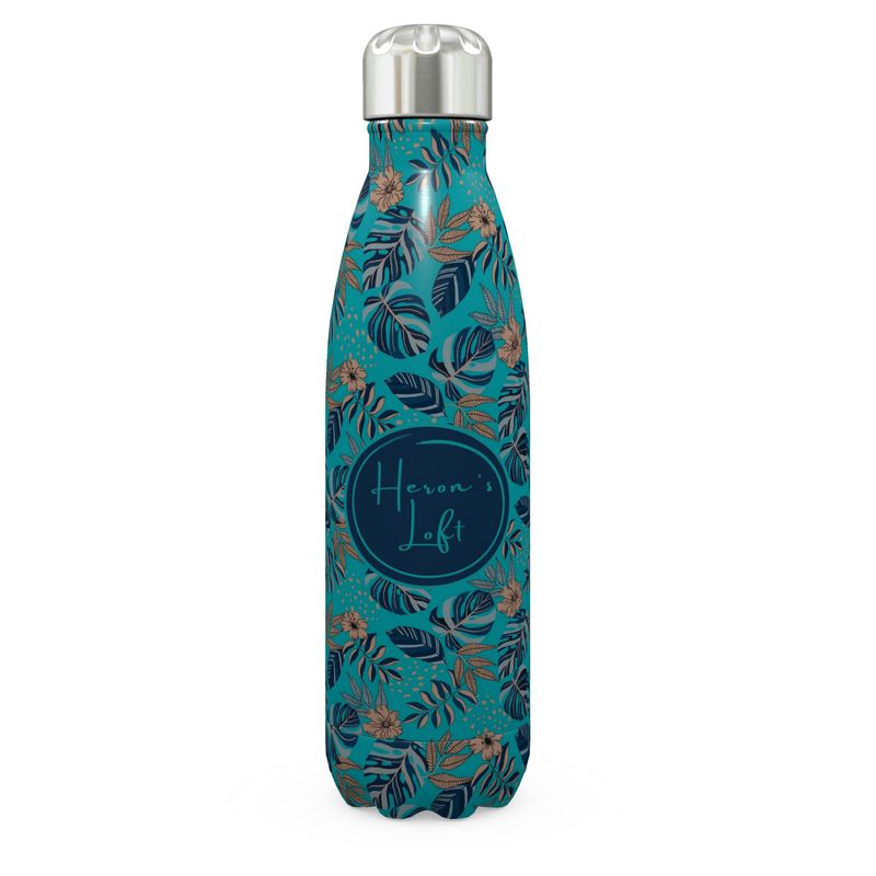 Stainless Steel Water Bottle - Midnight Monstera - Cyan Noir