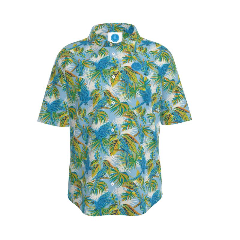 Men's Button Up T-Shirt - Tropical Macaw - Coastal Blue