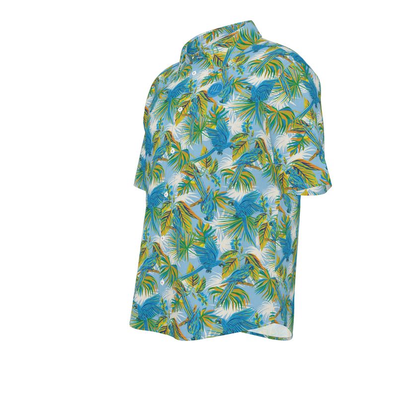Men's Button Up T-Shirt - Tropical Macaw - Coastal Blue
