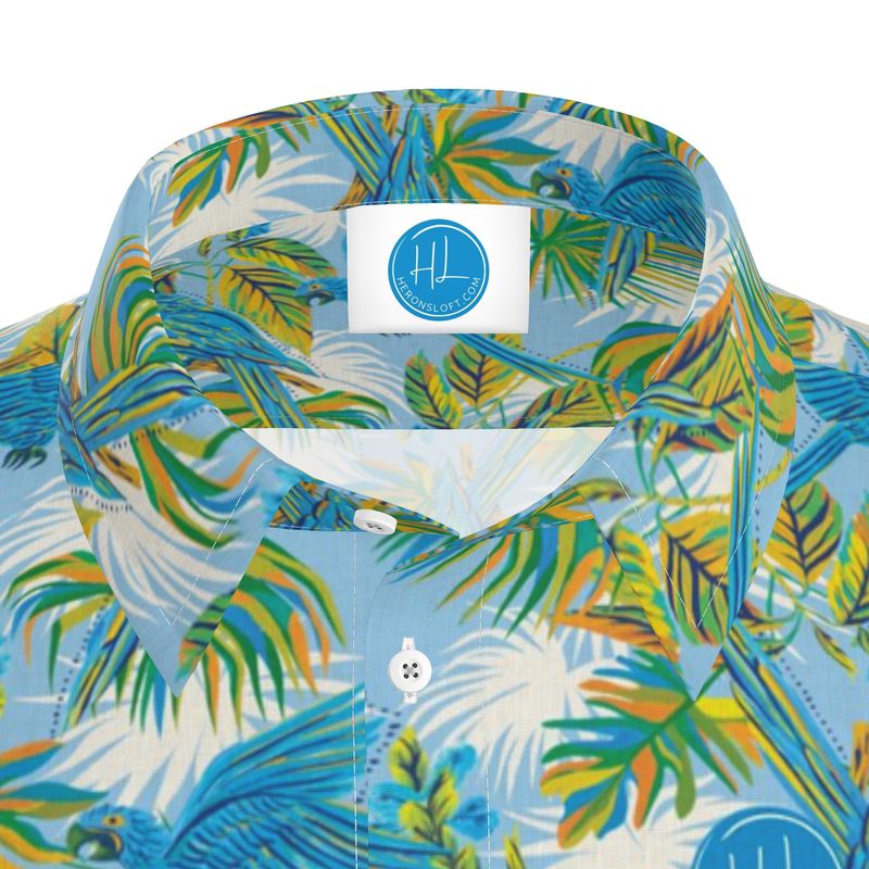 Men's Button Up T-Shirt - Tropical Macaw - Coastal Blue