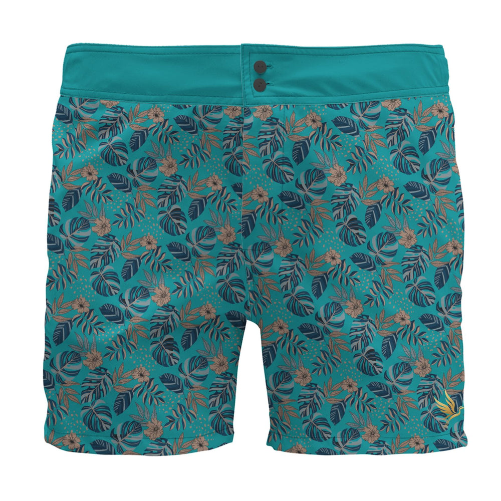 Men's Board Shorts — Midnight Monstera Cyan Noir