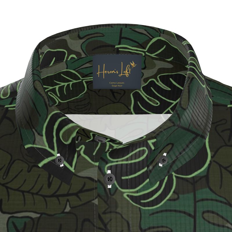 Camo Leaves Sage Noir Men's Button-Up Shirt