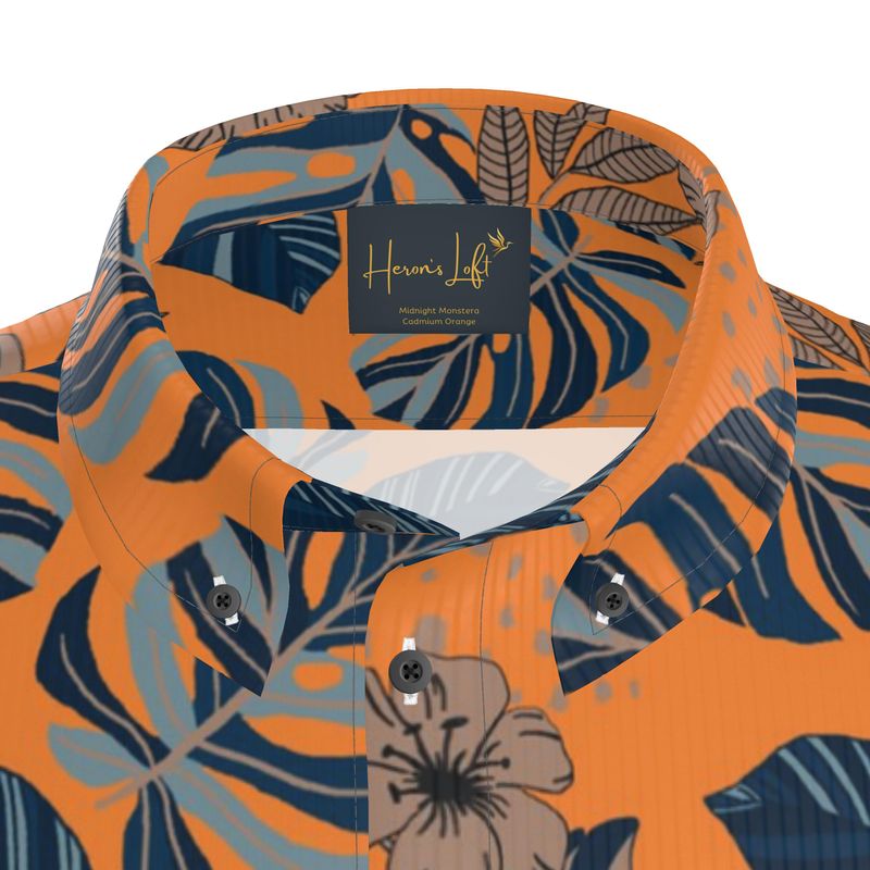 Midnight Monstera Cadmium Orange Men's Button-Up Shirt