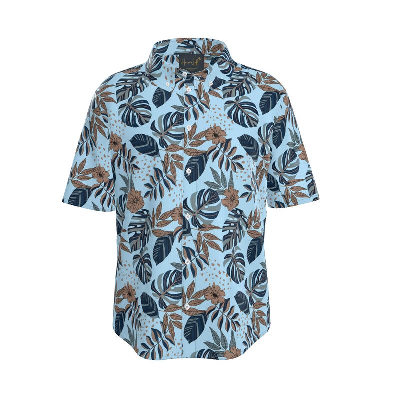 Midnight Monstera Sky Blue Men's Button-Up Shirt