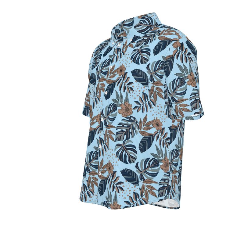 Midnight Monstera Sky Blue Men's Button-Up Shirt