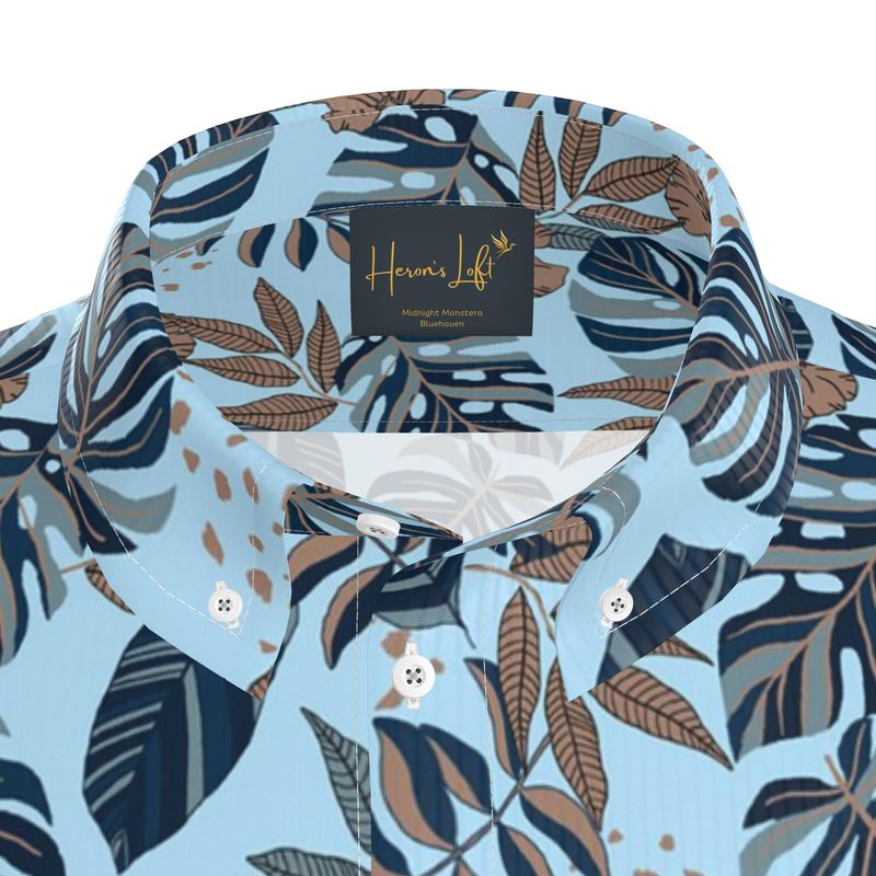 Midnight Monstera Sky Blue Men's Button-Up Shirt