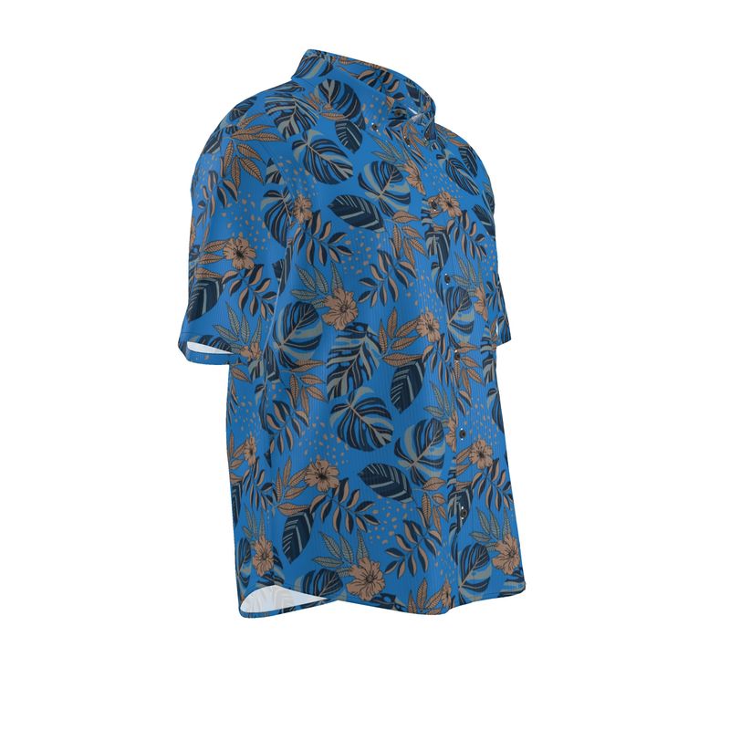Midnight Monstera Azure Blue Men’s Button-Up Dress Shirt