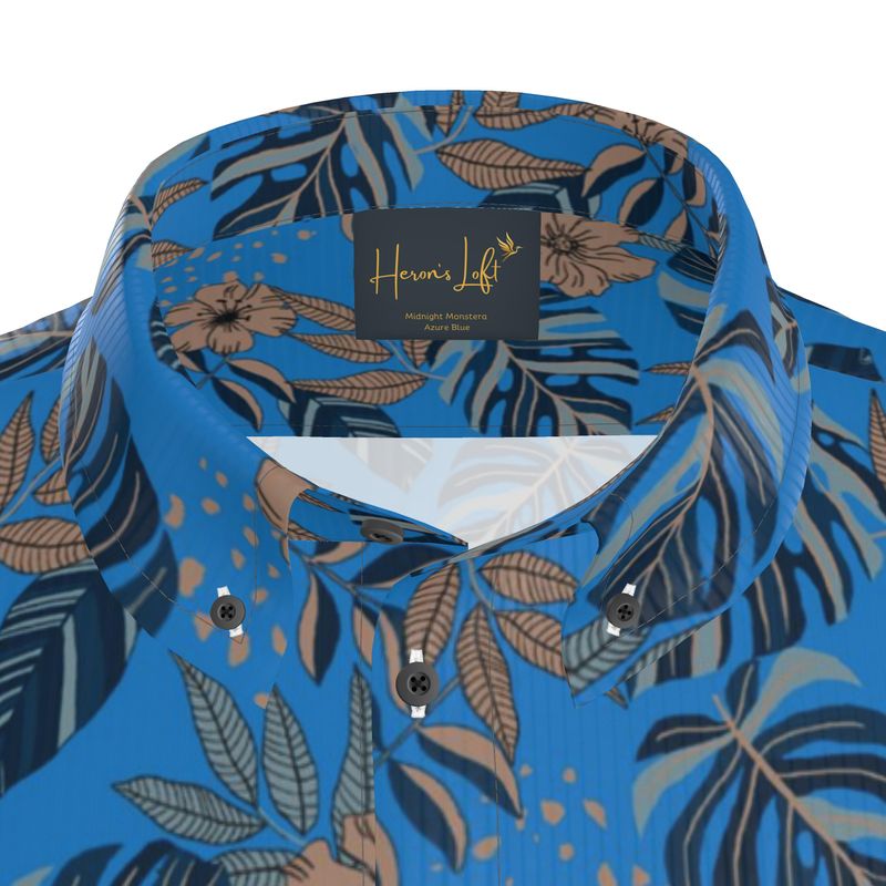 Midnight Monstera Azure Blue Men’s Button-Up Dress Shirt