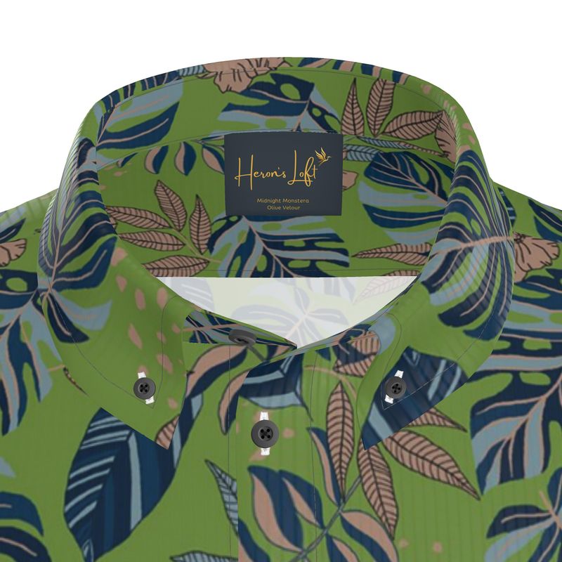 Midnight Monstera Olive Velour Men’s Button-Up Dress Shirt