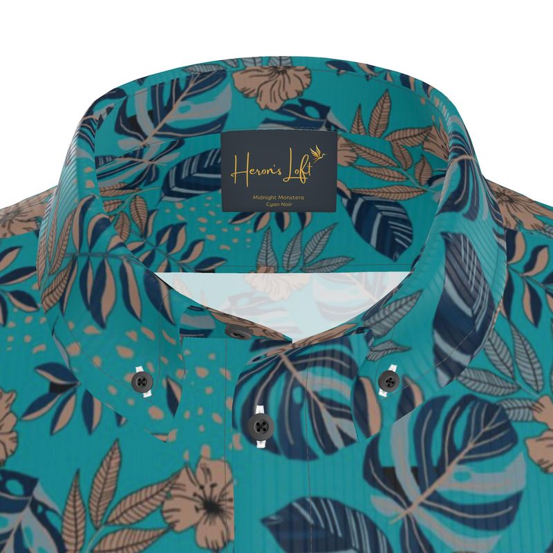 Midnight Monstera Cyan Noir Men’s Button-Up Dress Shirt