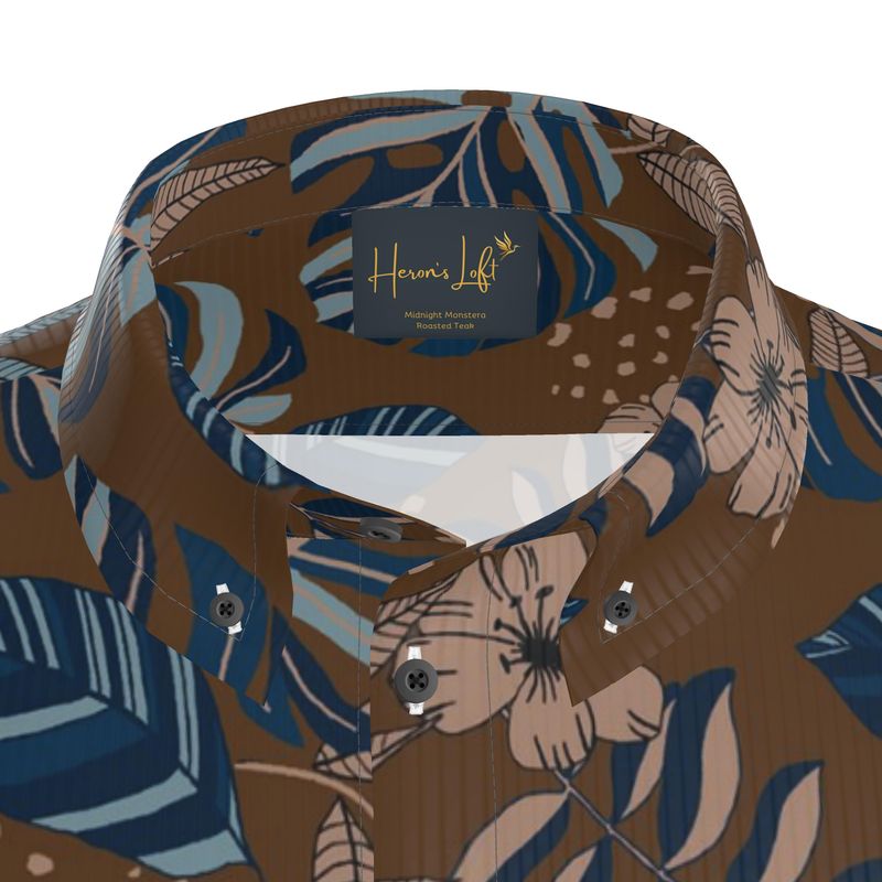 Midnight Monstera Roasted Teak Men’s Button-Up Dress Shirt