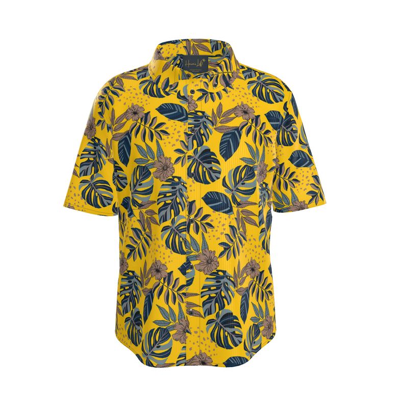 Midnight Monstera Honey Gold Men’s Button-Up Dress Shirt