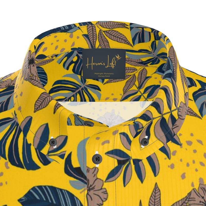 Midnight Monstera Honey Gold Men’s Button-Up Dress Shirt