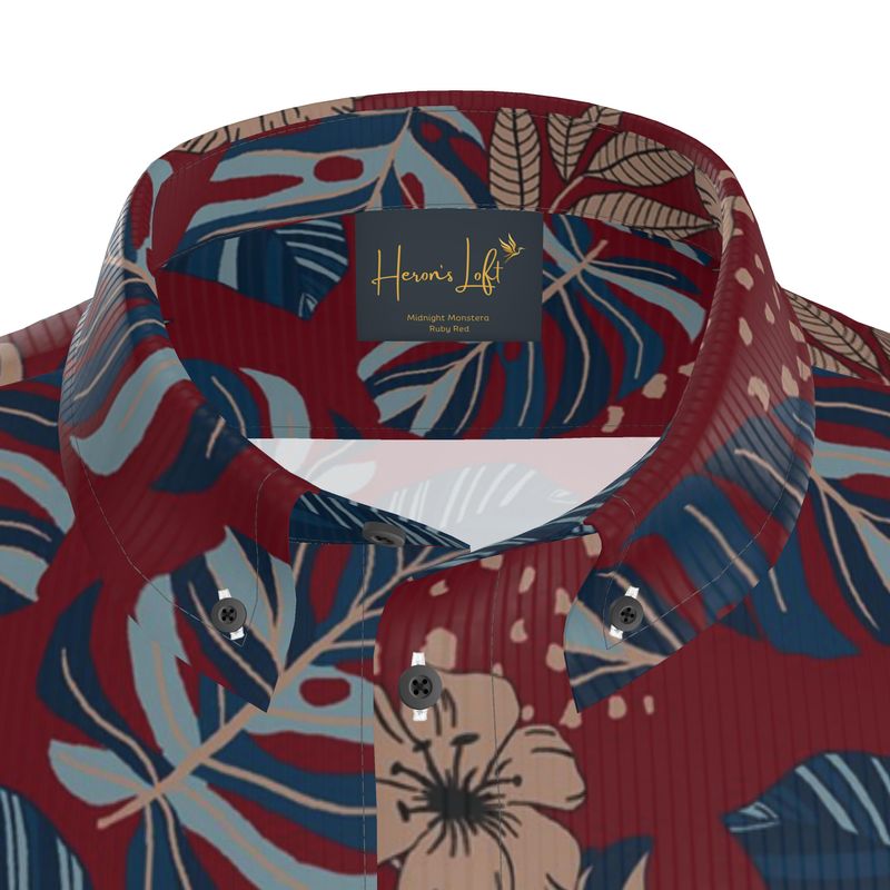Men’s Button-Up Shirt — Midnight Monstera Ruby