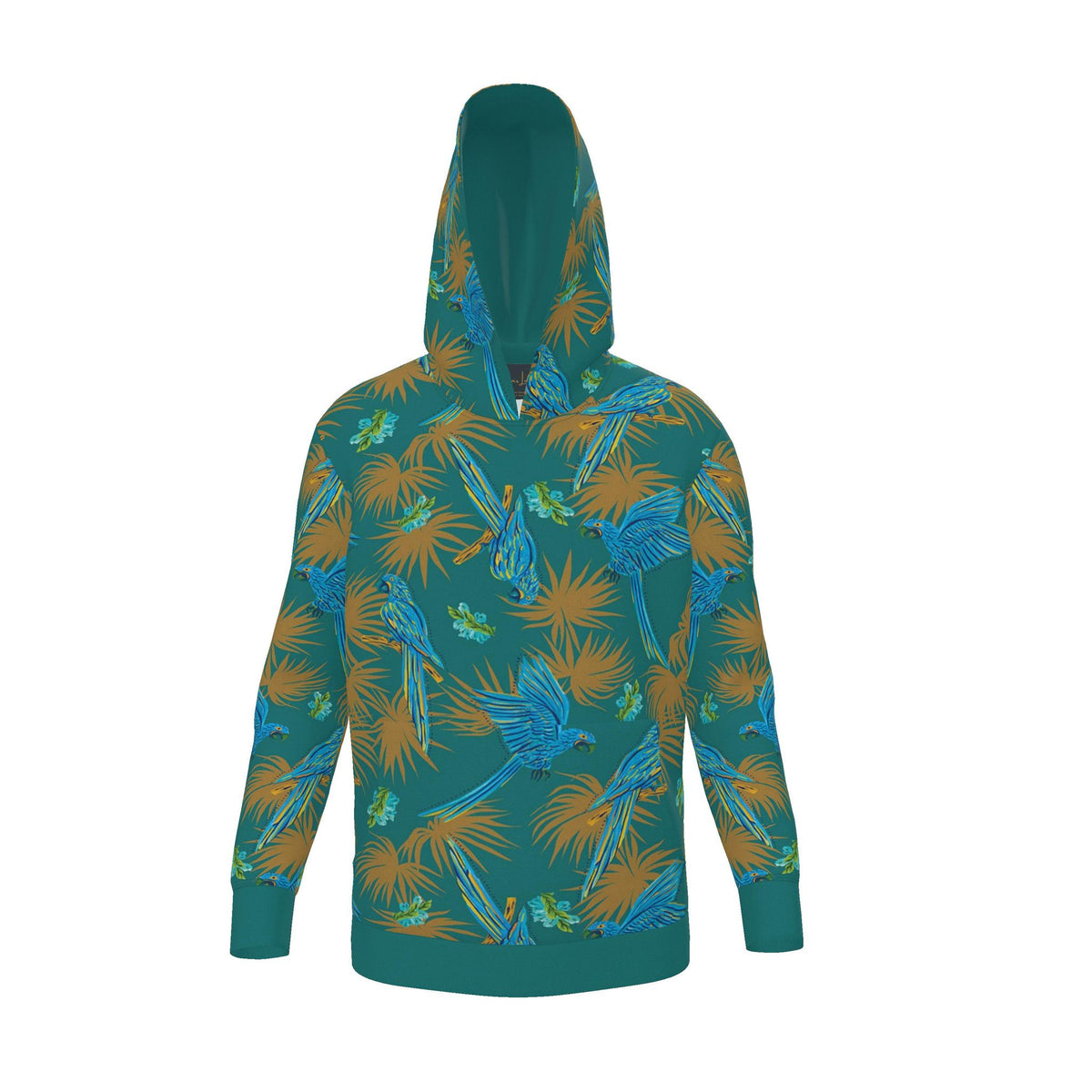 Women's Pullover Hoodie — Tropical Macaw Palm Teal