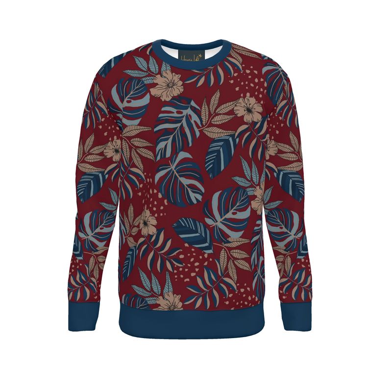 Women's Sweater — Midnight Monstera Ruby Red