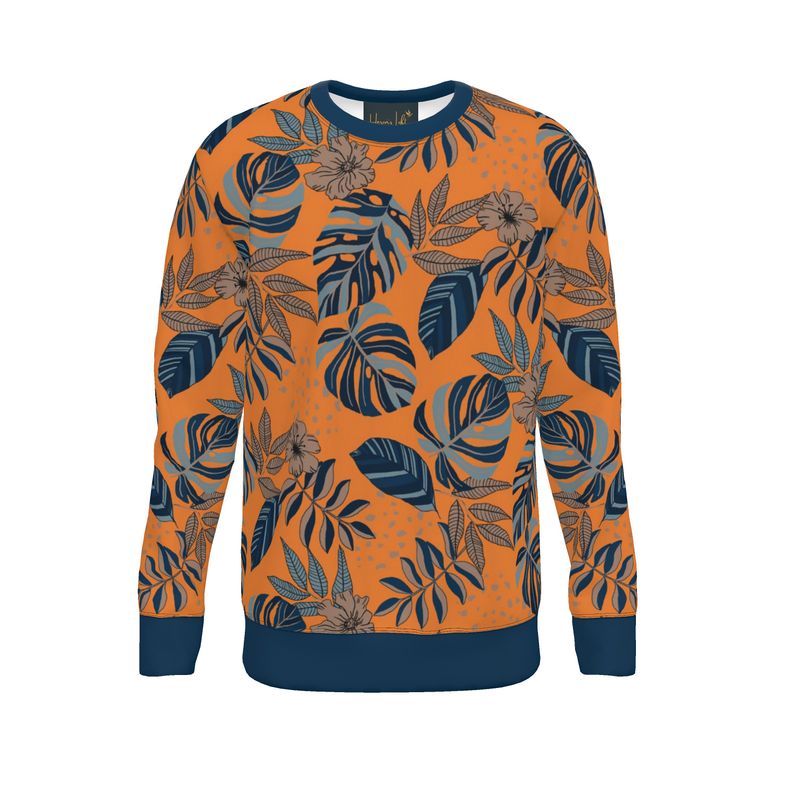 Men's Sweater — Midnight Monstera Cadmium Orange