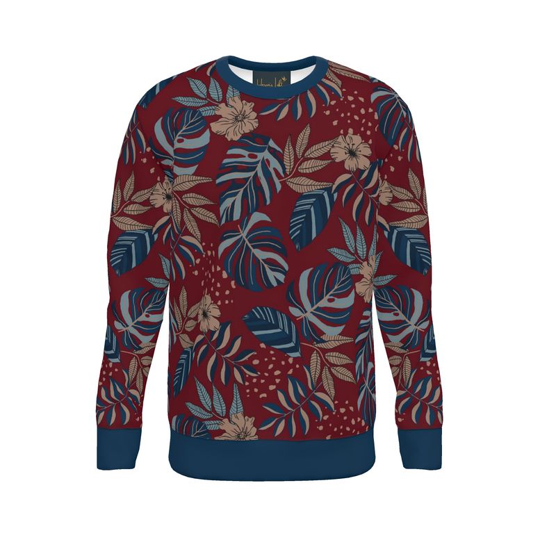 Men's Sweater — Midnight Monstera Ruby Red