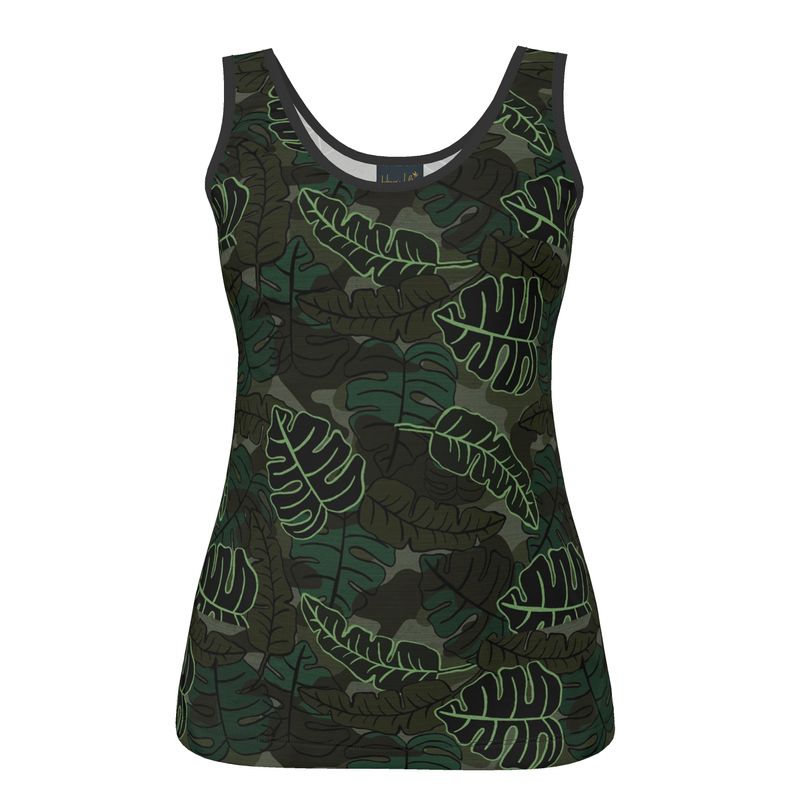 Women's Tank Top — Black Trim — Camo Leaves Sage Noir