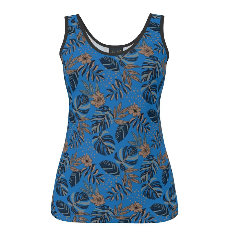 Women's Tank Top — Black Trim — Midnight Monstera Azure Blue