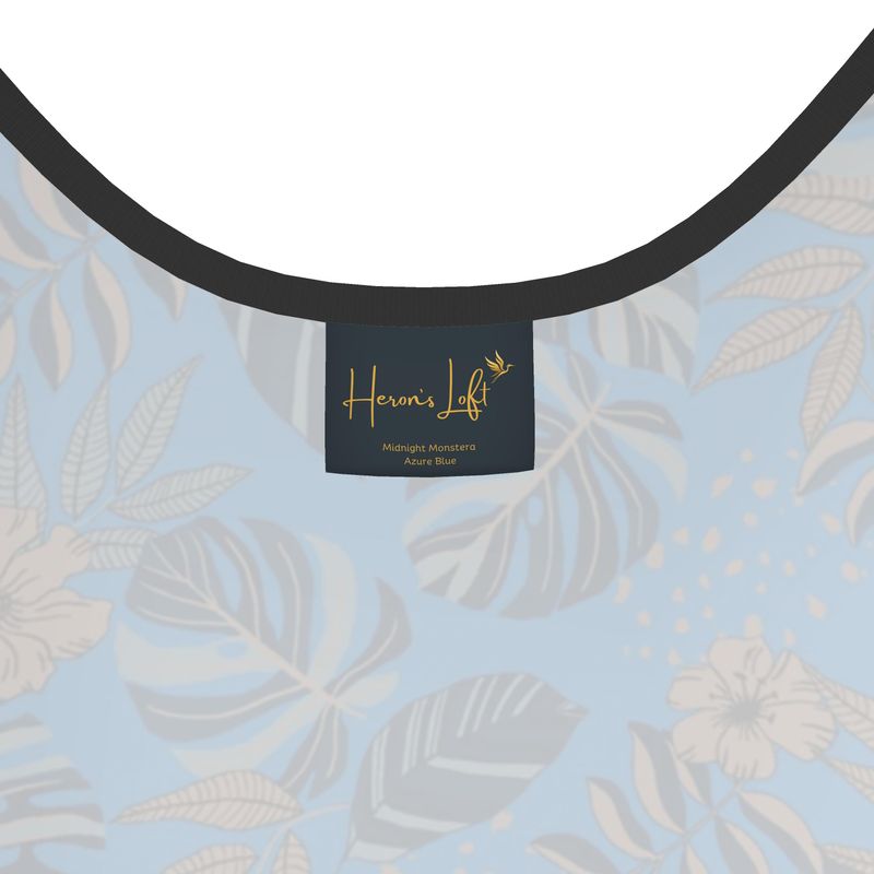 Women's Tank Top — Black Trim — Midnight Monstera Azure Blue