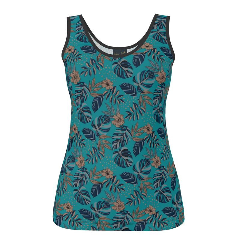 Women's Tank Top — Black Trim —  Midnight Monstera Cyan Noir