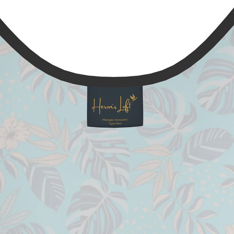Women's Tank Top — Black Trim —  Midnight Monstera Cyan Noir