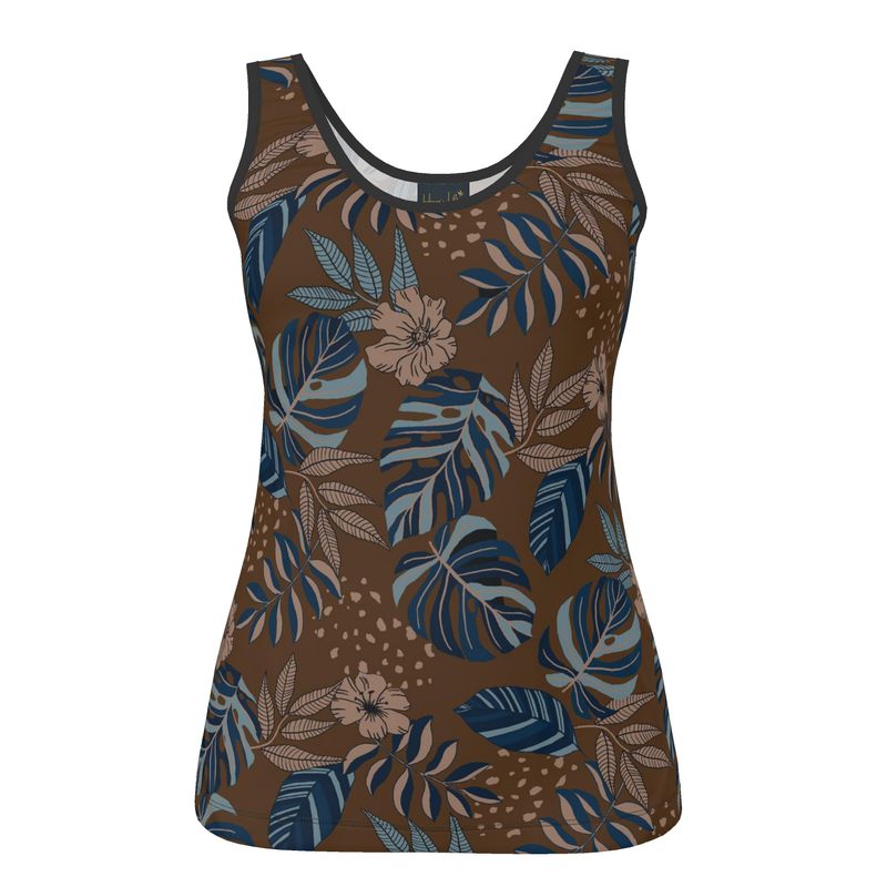 Women's Tank Top — Black Trim — Midnight Monstera Roasted Teak