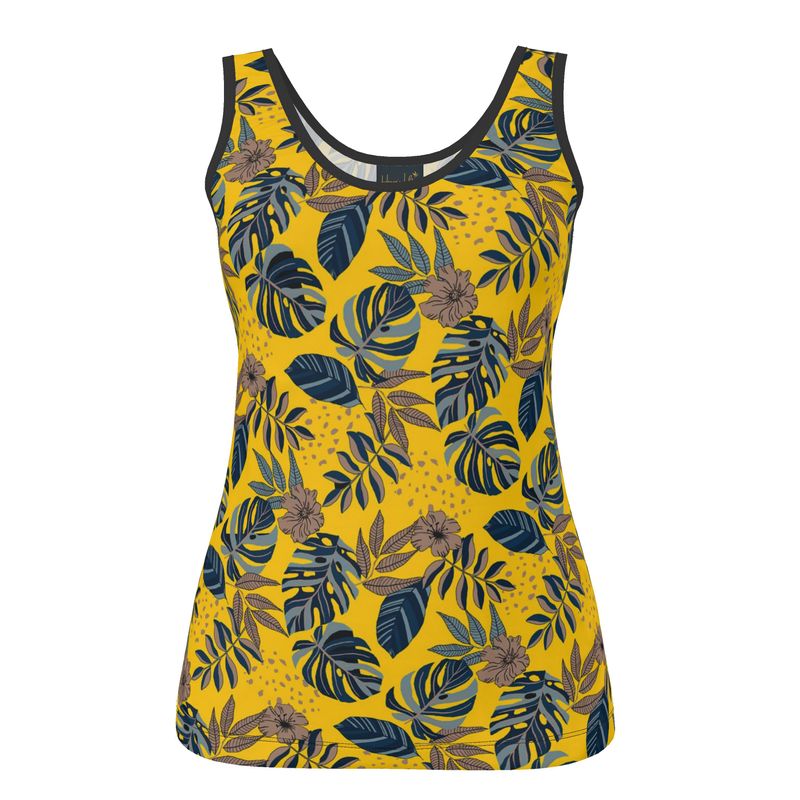 Women's Tank Top — Black Trim — Midnight Monstera Honey Gold