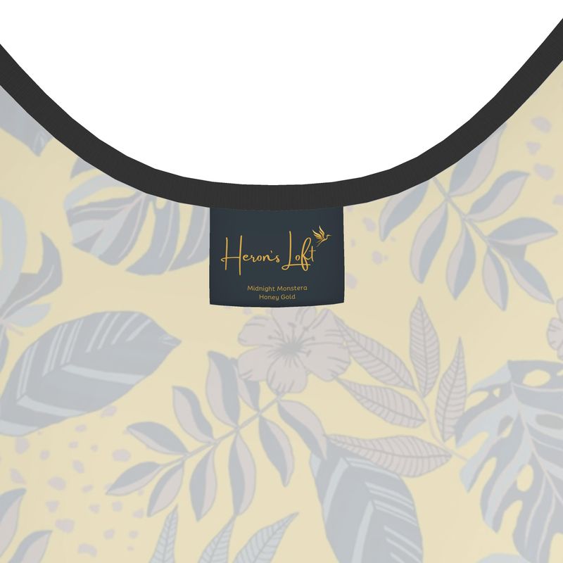 Women's Tank Top — Black Trim — Midnight Monstera Honey Gold