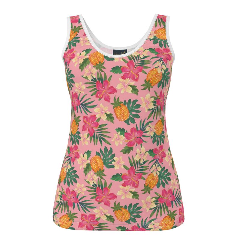 Women's Tank Top — White Trim — Pineapple Paradise Hibiscus Blush