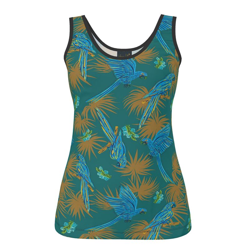 Women's Tank Top — Black Trim — Tropical Macaw Palm Teal