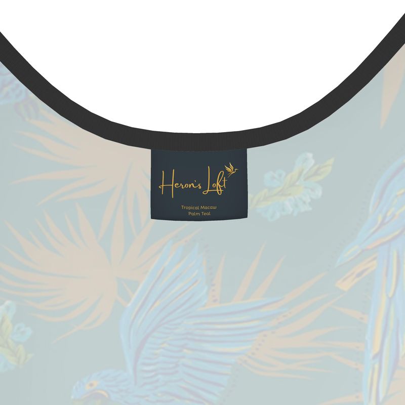 Women's Tank Top — Black Trim — Tropical Macaw Palm Teal