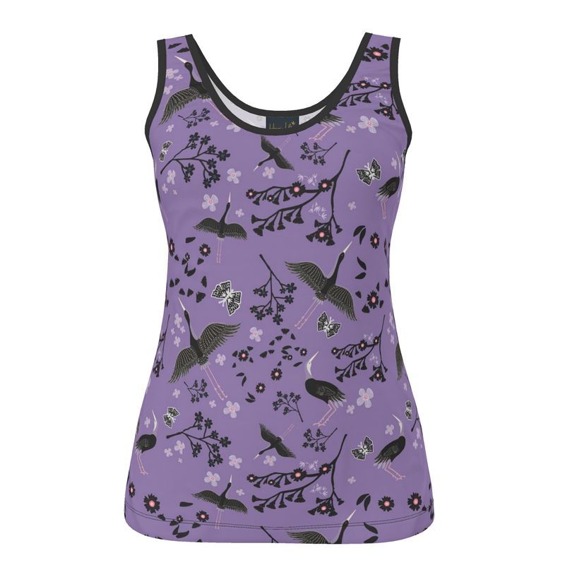 Women's Tank Top — Black Trim — White Crane Amethyst