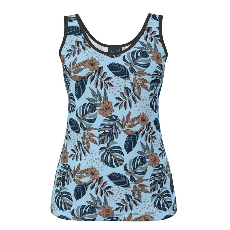 Women's Tank Top — Black Trim — Midnight Monstera Bluehaven