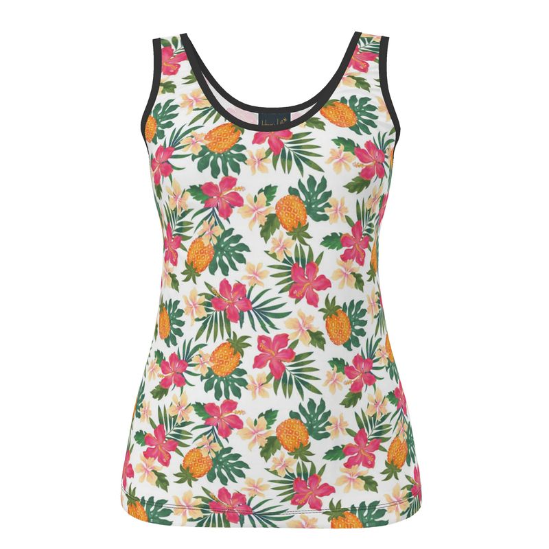 Women's Tank Top — Black Trim — Pineapple Paradise Coral Dreams