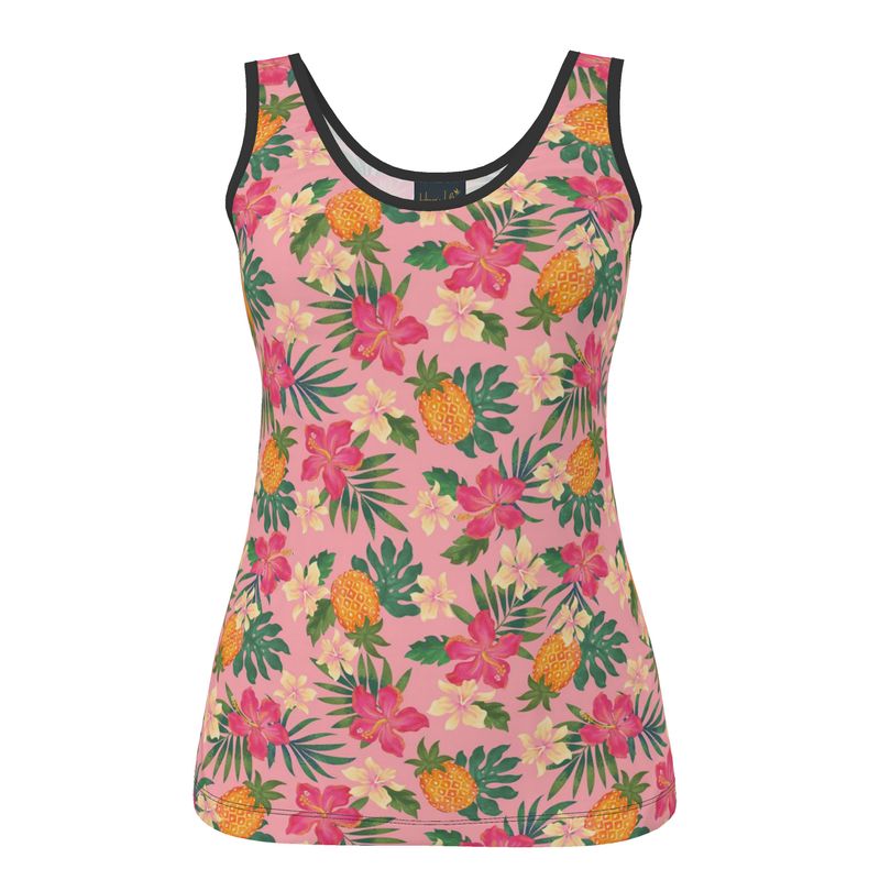 Women's Tank Top — Black Trim — Pineapple Paradise Hibiscus Blush