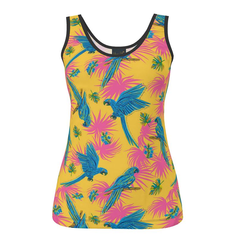 Women's Tank Top — Black Trim —  Tropical Macaw Sunny Fuchsia