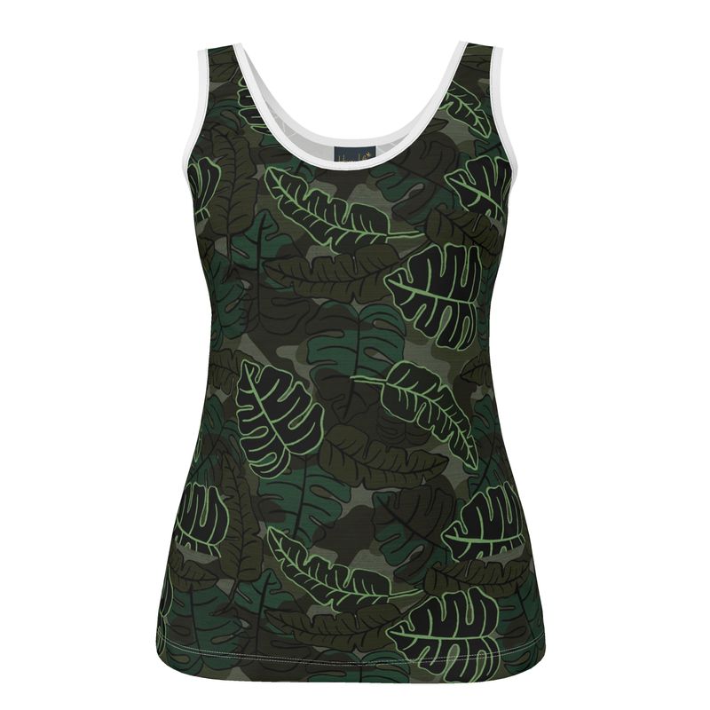 Women's Tank Top — White Trim — Camo Leaves Sage Noir