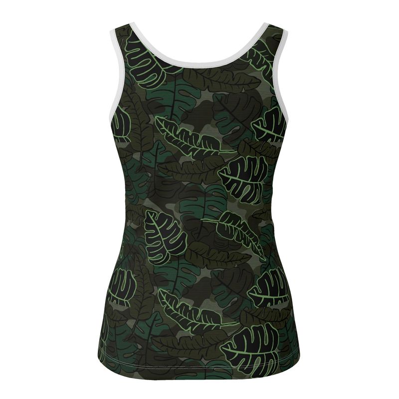 Women's Tank Top — White Trim — Camo Leaves Sage Noir