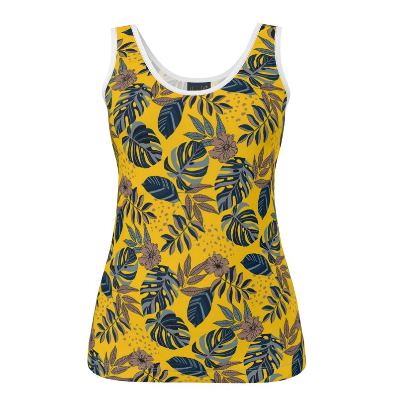 Women's Tank Top — White Trim — Midnight Monstera Honey Gold