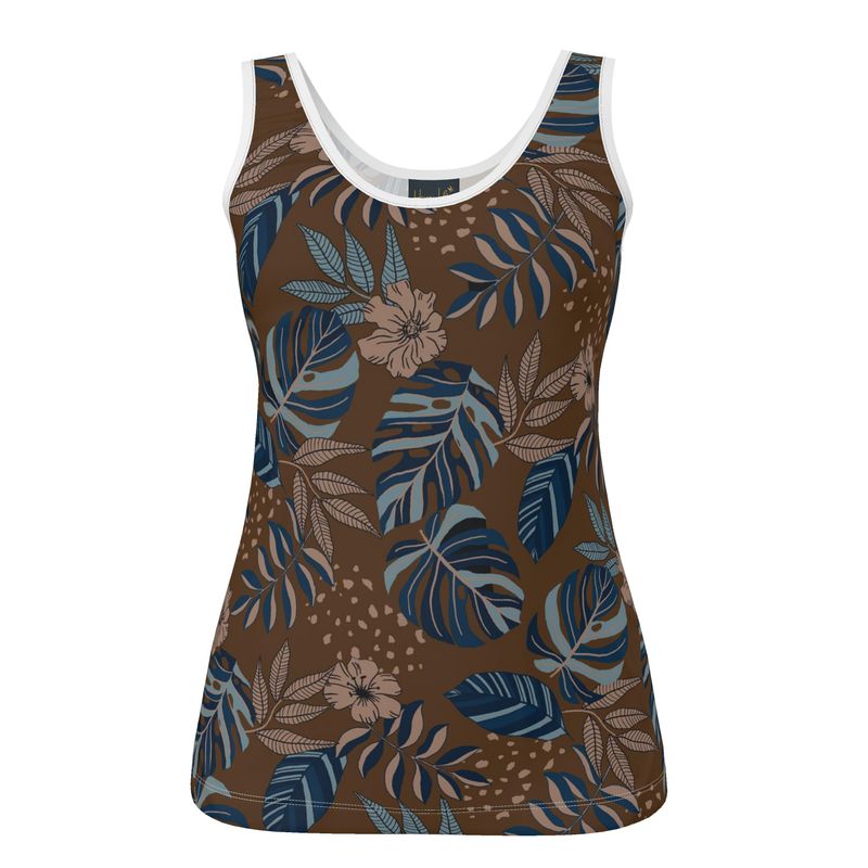 Women's Tank Top — White Trim — Midnight Monstera Roasted Teak